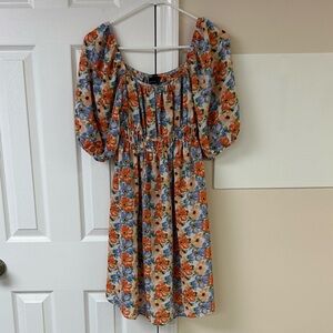 ASOS Maternity ruched bust mini skater dress with puff sleeve floral print